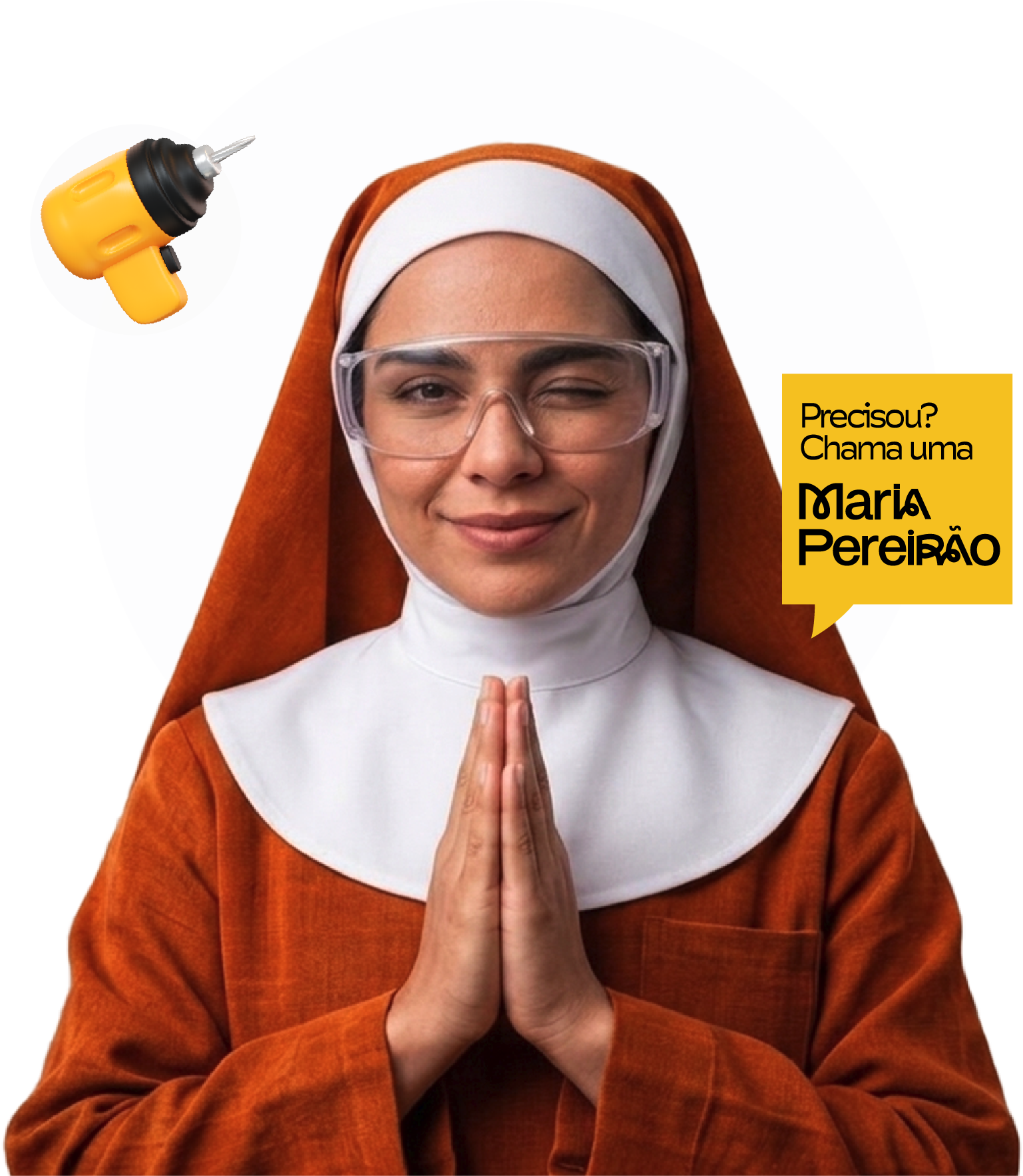 Maria Pereirão: mulher com hábito sorrindo, óculos de proteção e uma furadeira